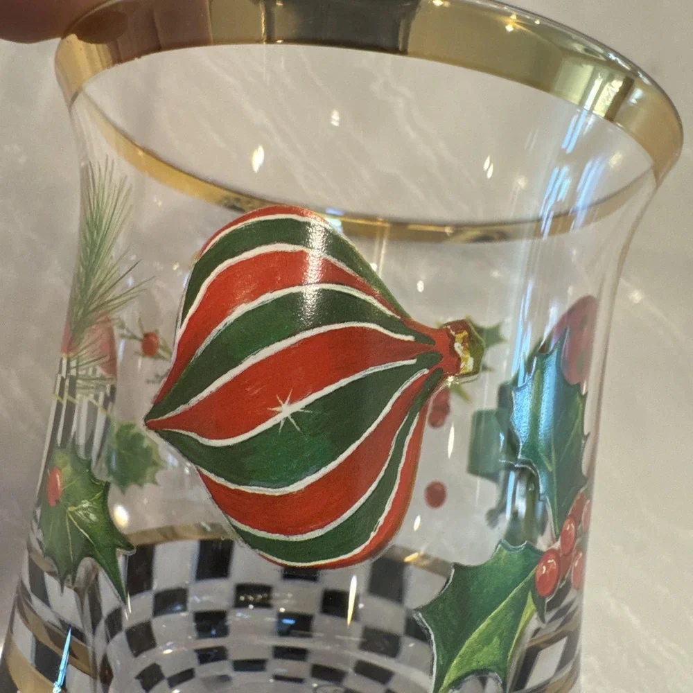 MacKenzie-Childs Deck the Halls Tumblers Set 2 Gold Rim Glass 8oz NEW
